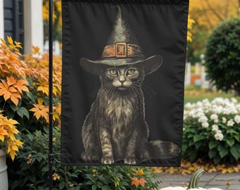 Halloween Black Cat Garden and Yard Flag: Vintage Witch Hat Kitty Flag