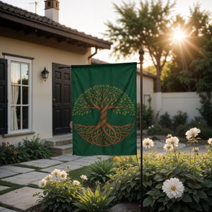 May include: A green garden flag featuring a detailed illustration of a tree with intertwined roots and branches. The tree design is in shades of brown and green, set against a dark green background. The flag is displayed outdoors in a garden setting.