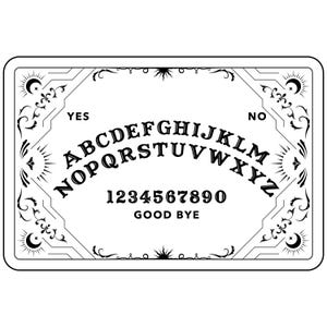 Könnte beinhalten: Ein schwarz-weißes Ouija-Brett mit den Buchstaben A bis Z, den Zahlen 1 bis 9 und 0 sowie den Wörtern "YES", "NO" und "GOOD BYE".