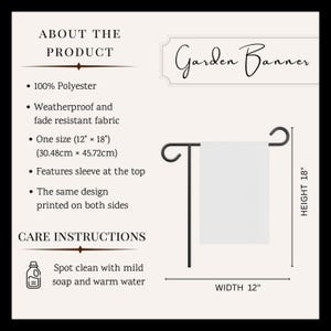 May include: A white garden banner, 12 inches wide and 18 inches high, displayed on a black metal stand. The banner is made of 100% polyester and is weatherproof. The text "Garden Banner" is visible.
