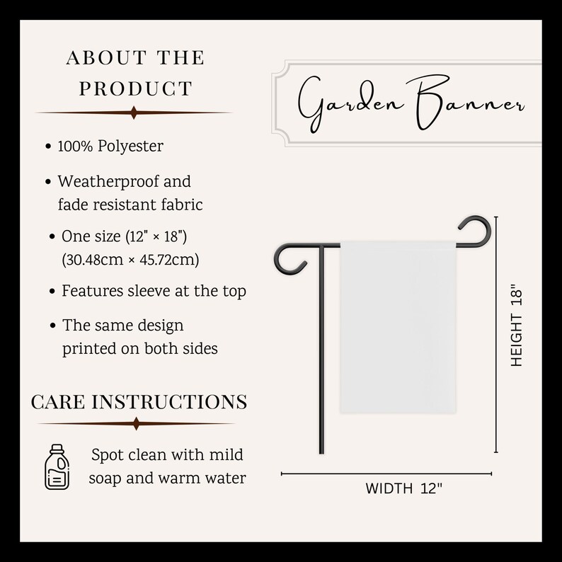 May include: A white garden banner, 12 inches wide and 18 inches high, displayed on a black metal stand. The banner is made of 100% polyester and is weatherproof. The text "Garden Banner" is visible.