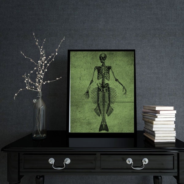Mermaid Skeleton Printable Wall Art, Green Antique Witchy Wall Art Print, Digital Witch Art, Printable Oddities Siren Poster, Wall Print