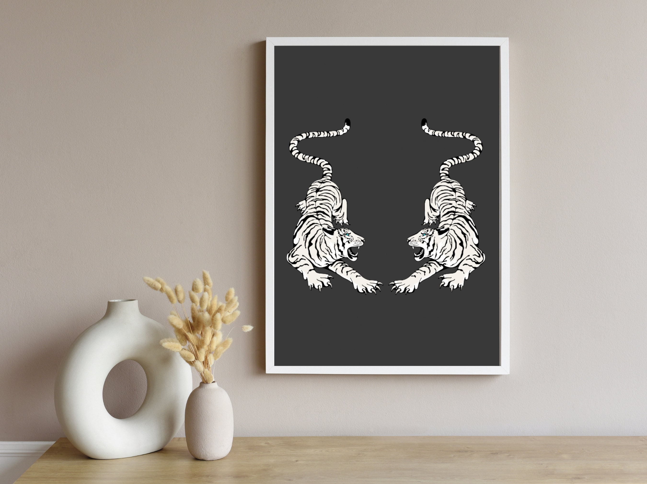 White Tiger Wall Art, Black and White Tiger Print, Cat Wall Art