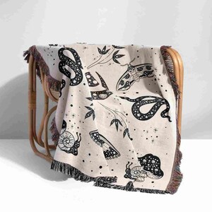 Mushroom Woven Cotton Throw Blanket, Snakes Moths Throw, Goth Tapestry, Wall Hanging, Picnic Blanket, Witch Blanket