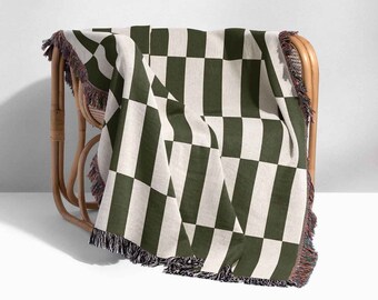 Woven Cotton Checkered Throw Blanket, Woven Tapestry, Fringed Wall Hanging, Picnic Blanket, Gift For Cotton Anniversary, Beach Blanket