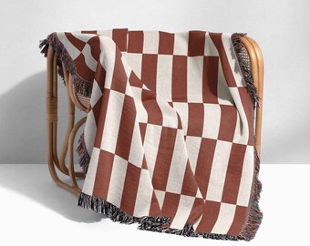 Woven Cotton Checkered Throw Blanket, Terracotta Woven Tapestry, Fringed Wall Hanging, Gift For Cotton Anniversary, Beach, Picnic Blanket