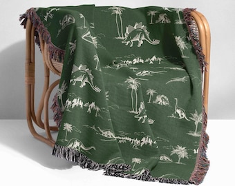 Woven Cotton Dinosaur Toile De Jouy Throw Blanket - Green