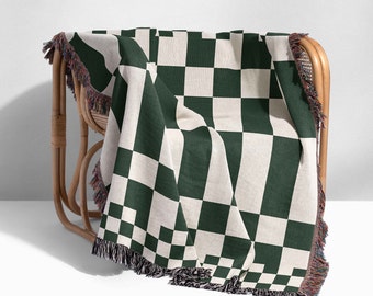 Woven Cotton Checkered Throw Blanket: Fringed Tapestry Wall Hanging