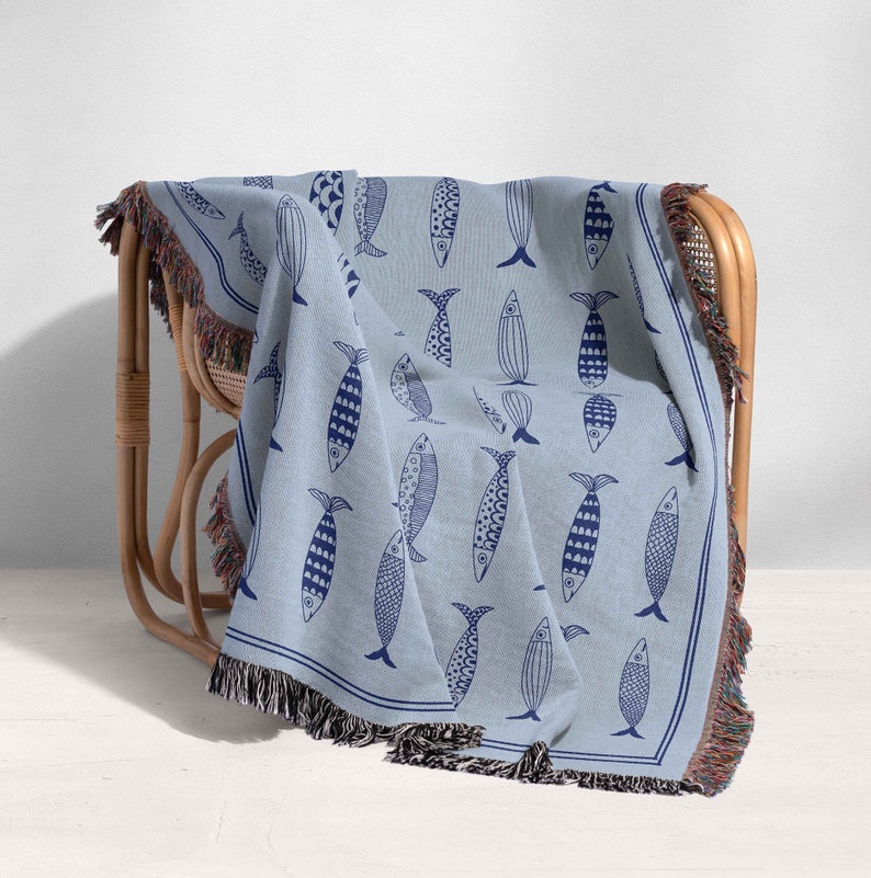 Woven Cotton Throw Blanket, Trendy Home Decor, Sardines Throw, Maximalist Eclectic Hygge Decorating, Fringed Wall Hanging, Housewarming Gift