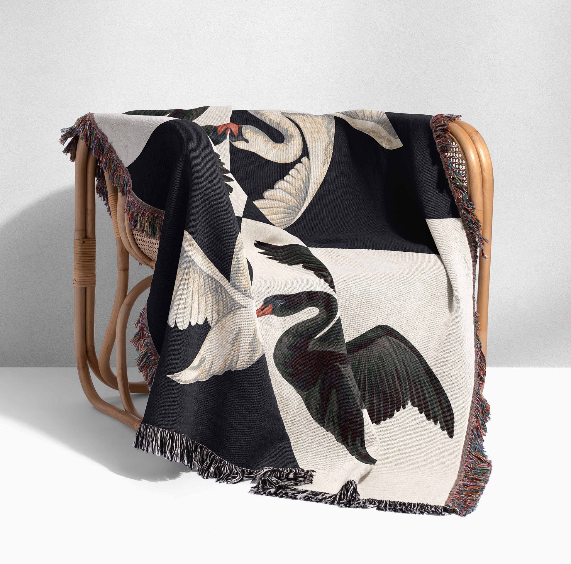 Woven Cotton Throw Tapestry Blanket, Black and White Swans Fringed Wall Hanging, Picnic Blanket, Gift For Cotton Anniversary, Beach Blanket