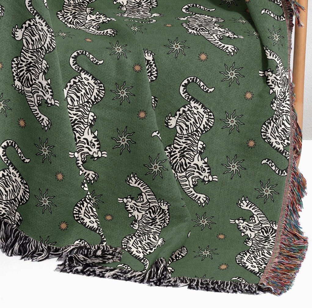 Woven Cotton Throw Blanket, Trendy Home Decor, Tiger Throw, Maximalist Eclectic Hygge Decorating, Fringed Wall Hanging, Housewarming Gift