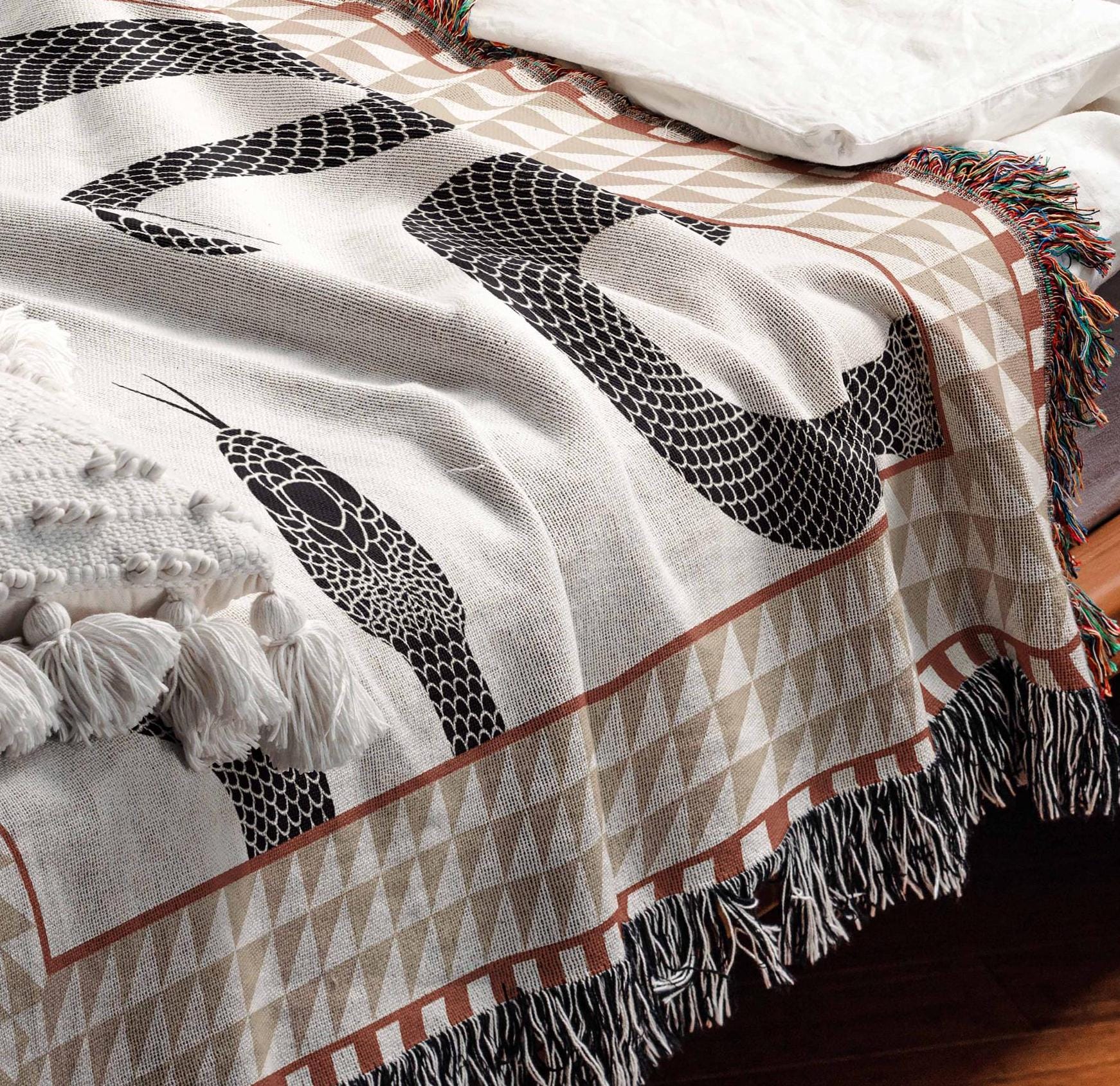 View of Woven Cotton Throw Blanket, Trendy Home Decor, Snakes Throw, Maximalist ...