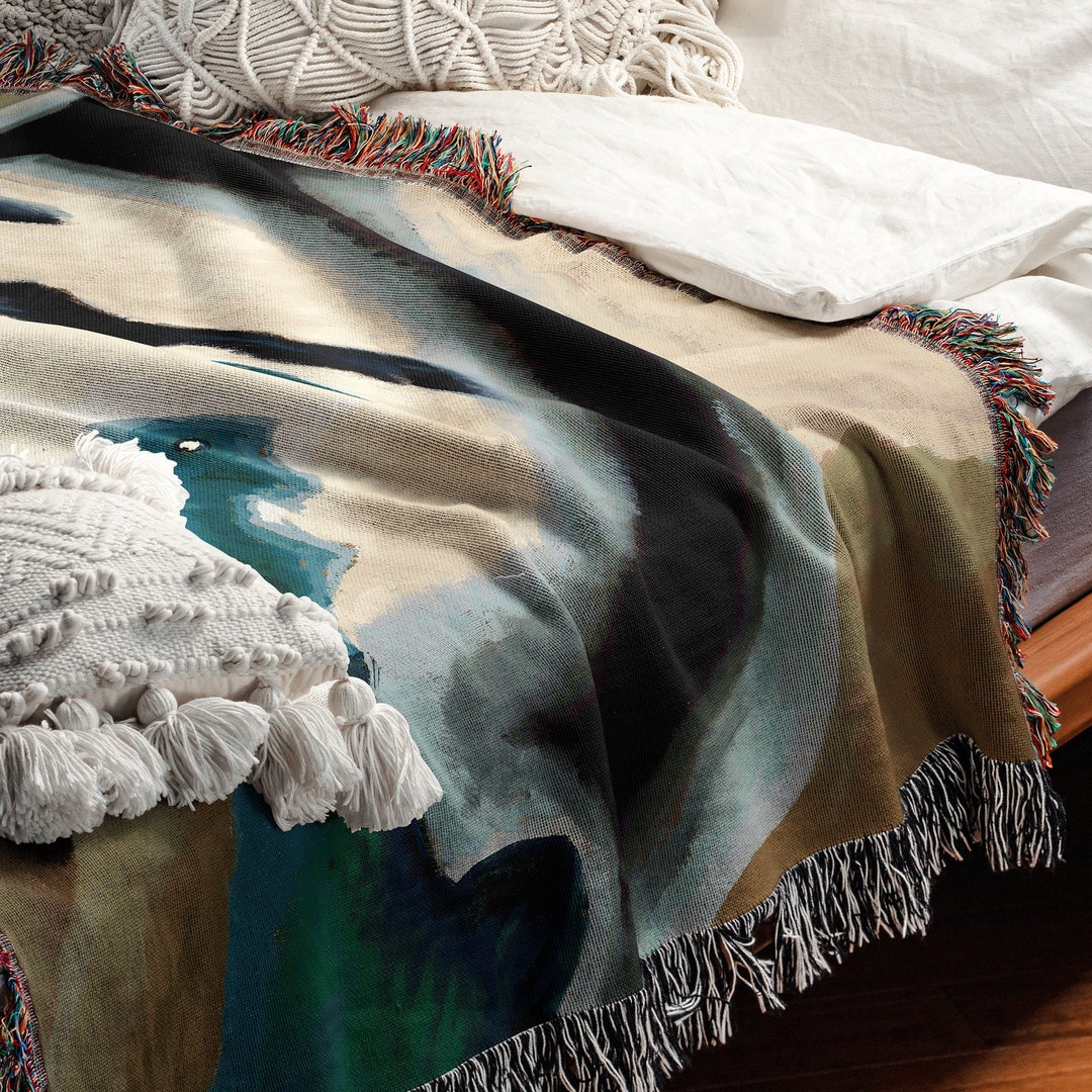Woven Cotton Throw Blanket Vintage Abstract Art Tapestry, Fringed Wall ...