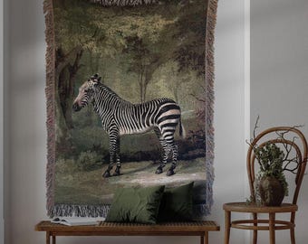 Tapiz de cebra vintage: tapiz de pared de algodón tejido con flecos