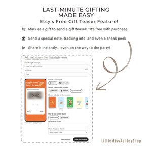 May include: A screenshot of Etsy's free gift teaser feature. The image shows a mock-up of a mobile phone screen with a gift teaser that says "A gift from Olga is on its way!" The user can add a gift message, include a sneak peek, add a memorable moment, choose a design for the occasion, and select how to share the gift teaser.