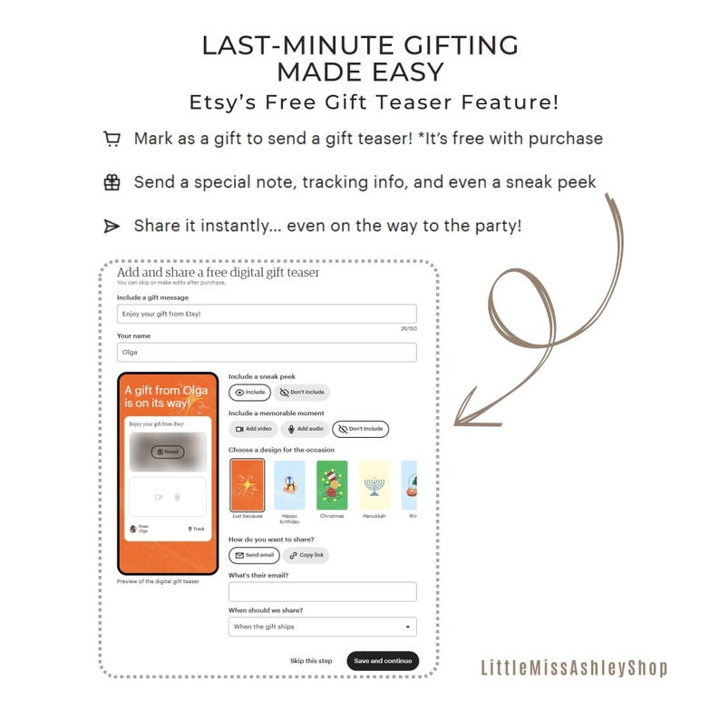 Puede incluir: Una captura de pantalla de la funci&oacute;n de teaser de regalo gratuito de Etsy. La imagen muestra una maqueta de pantalla de tel&eacute;fono m&oacute;vil con un teaser de regalo que dice "&iexcl;Un regalo de Olga est&aacute; en camino!" El usuario puede agregar un mensaje de regalo, incluir un vistazo, agregar un momento memorable, elegir un dise&ntilde;o para la ocasi&oacute;n y seleccionar c&oacute;mo compartir el teaser de regalo.