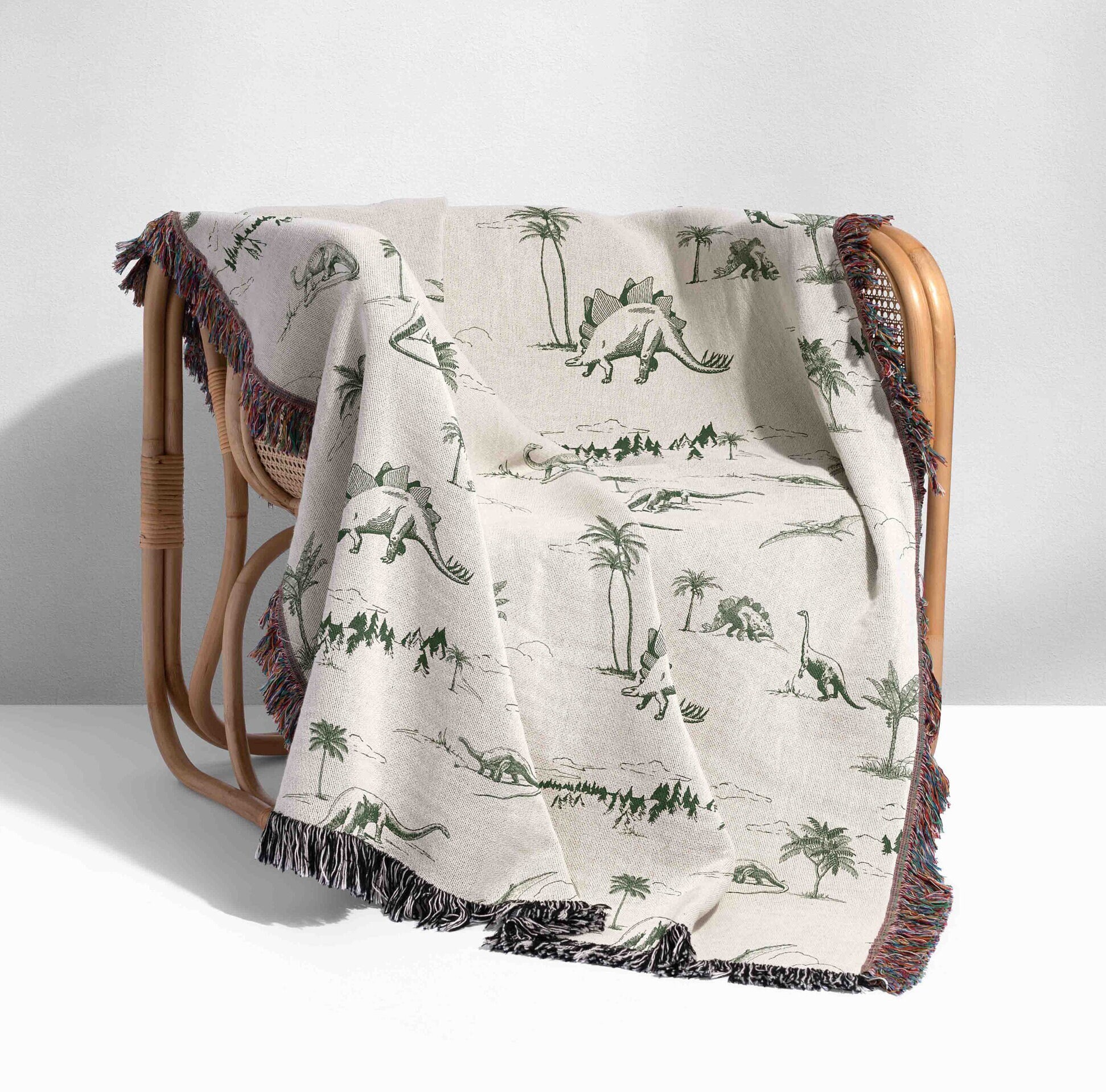 Woven Cotton Dinosaur Tapestry Blanket, Toile De Jouy Throw, Dinosaur Room Decor For Boys, Granddaughter/Son Throw Blanket, Green