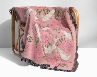 Woven Cotton Throw Blanket, Woven Peonies Cranes Tapestry, Fringed Wall Hanging, Housewarming Gift, Gift Cotton Anniversary, Beach Blanket
