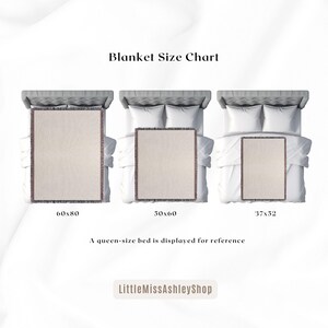 May include: A size chart for blankets showing three different sizes: 60x80 inches, 50x60 inches, and 37x52 inches. Each blanket is shown on a queen-size bed for reference. The text "Blanket Size Chart" and "LittleMissAshleyShop" are also visible.