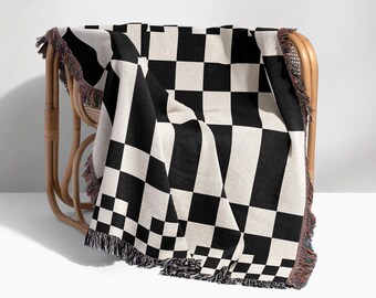 Woven Cotton Checkered Throw Blanket, Woven Tapestry, Fringed Wall Hanging, Picnic Blanket, Gift For Cotton Anniversary, Christmas, Birthday