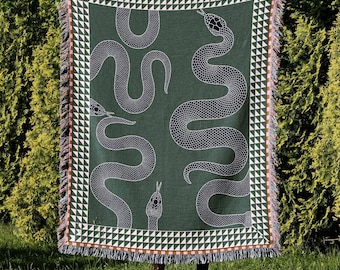 Woven Cotton Throw Blanket, Trendy Home Decor, Snakes Throw, Maximalist Eclectic Hygge Decorating, Fringed Wall Hanging, Housewarming Gift 2