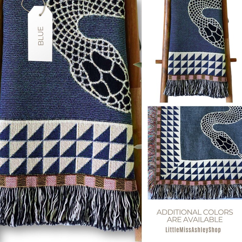 May include: A blue woven throw blanket featuring a black snake design and a geometric pattern of white and blue triangles. The blanket has a fringe border and a tag that says "BLUE".