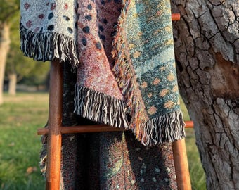 Manta abstracta de algodón tejido, tapiz vintage con flecos, manta de picnic, regalo para aniversarios y fiestas.