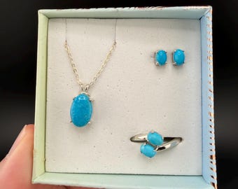 Turquoise Jewelry Gift Set: Sterling Silver Necklace, Earrings & Ring (Size 7)