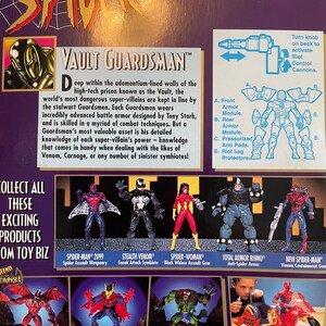 May include: A collection of action figures from the Spider-Man animated series. The figures include Spider-Man 2099, Stealth Venom, Spider-Woman, Total Armor Rhino, and New Spider-Man. The figures are all in their action poses and are ready to battle. The back of the box features a description of the Vault Guardsman, a high-tech prison for supervillains.