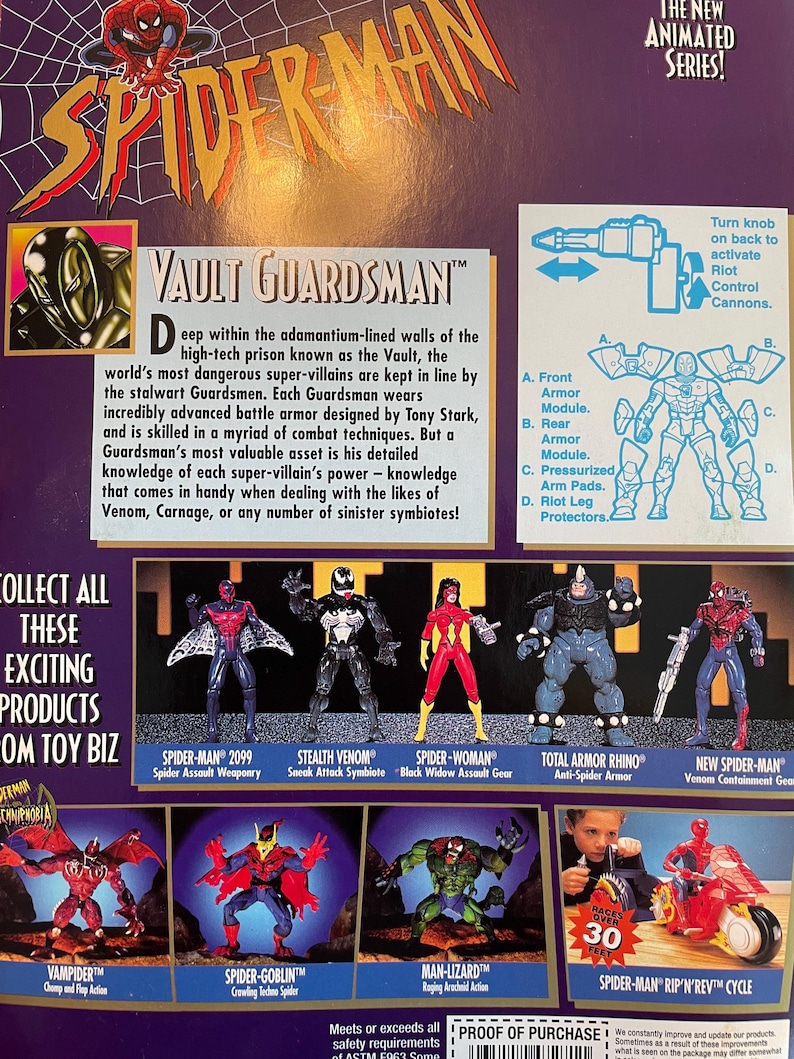 May include: A collection of action figures from the Spider-Man animated series. The figures include Spider-Man 2099, Stealth Venom, Spider-Woman, Total Armor Rhino, and New Spider-Man. The figures are all in their action poses and are ready to battle. The back of the box features a description of the Vault Guardsman, a high-tech prison for supervillains.