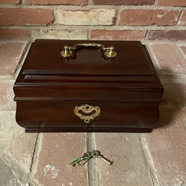 Vintage 1988 Korean Wood Lacquer Mahogany Jewelry Box Red Velvet Lined w Key