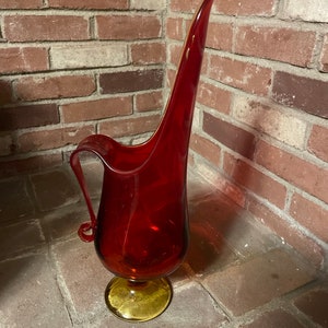 MCM LE SMITH Glass  Red/Yellow Amberina Swung Glass Pitcher Vase