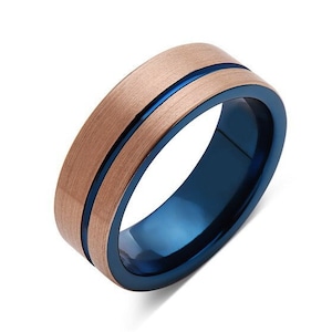Brushed Rose Gold Tungsten Rings, Offset Blue Groove Ring, Mens Engagement Rings, 6MM, 8MM