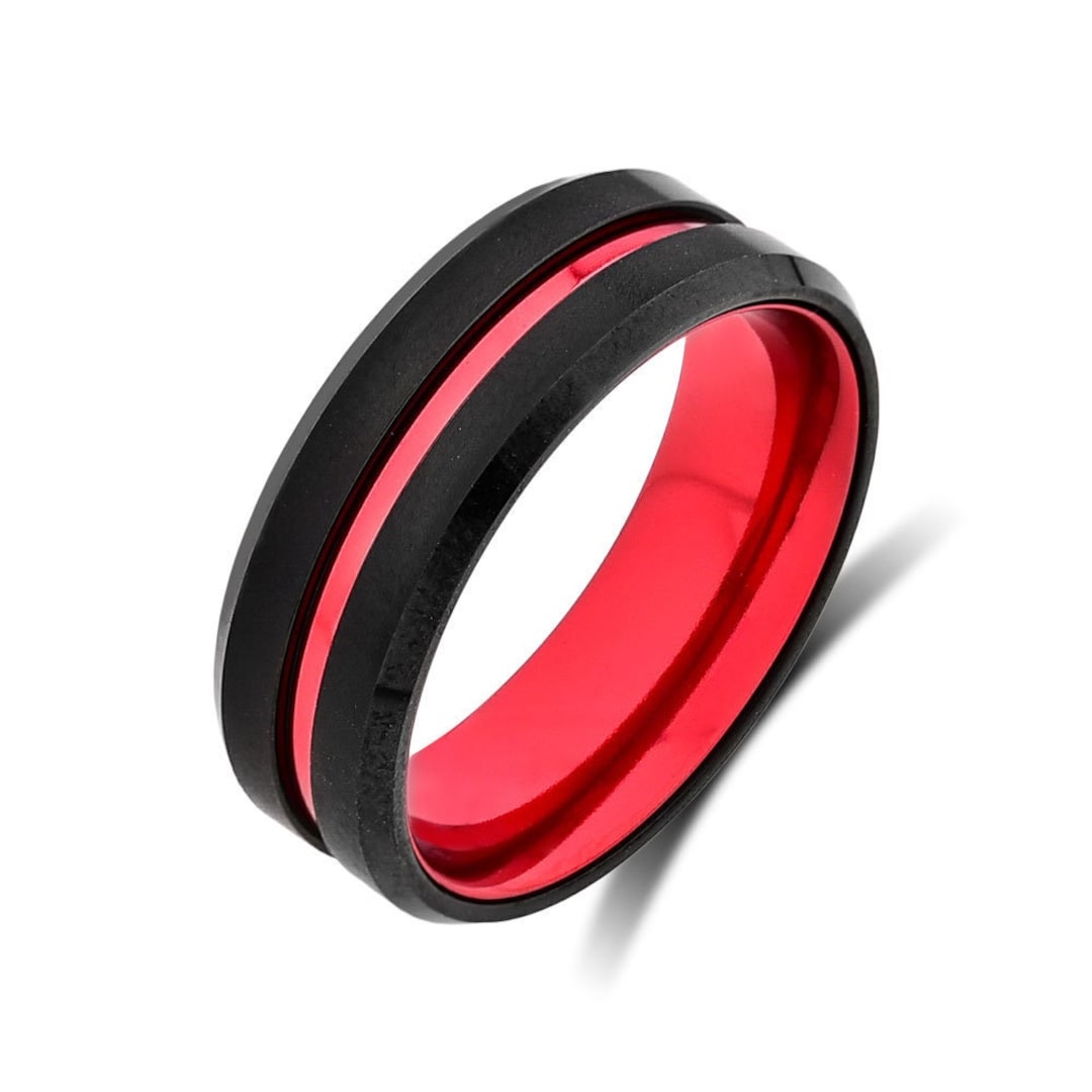 Red Mens Ring, Red Tungsten Ring, Free Engraving, Black Wedding Bands ...