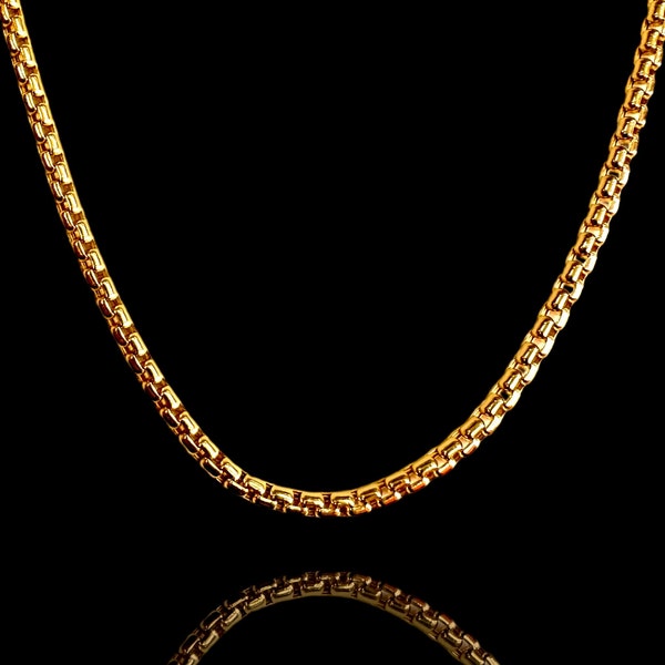 Mens 14K Gold Round Box Chain Necklace - 3.5 mm - Solid Gold Mens Necklace