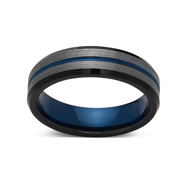 Brushed Blue Tungsten Rings, Gray Manly Wedding Bands, Blue Center ...