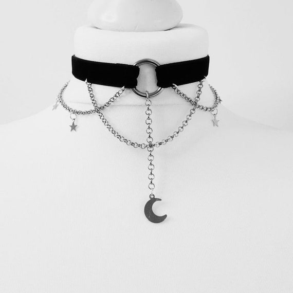 Chain Choker Necklace for Witch Goth Style Silver Crescent Moon