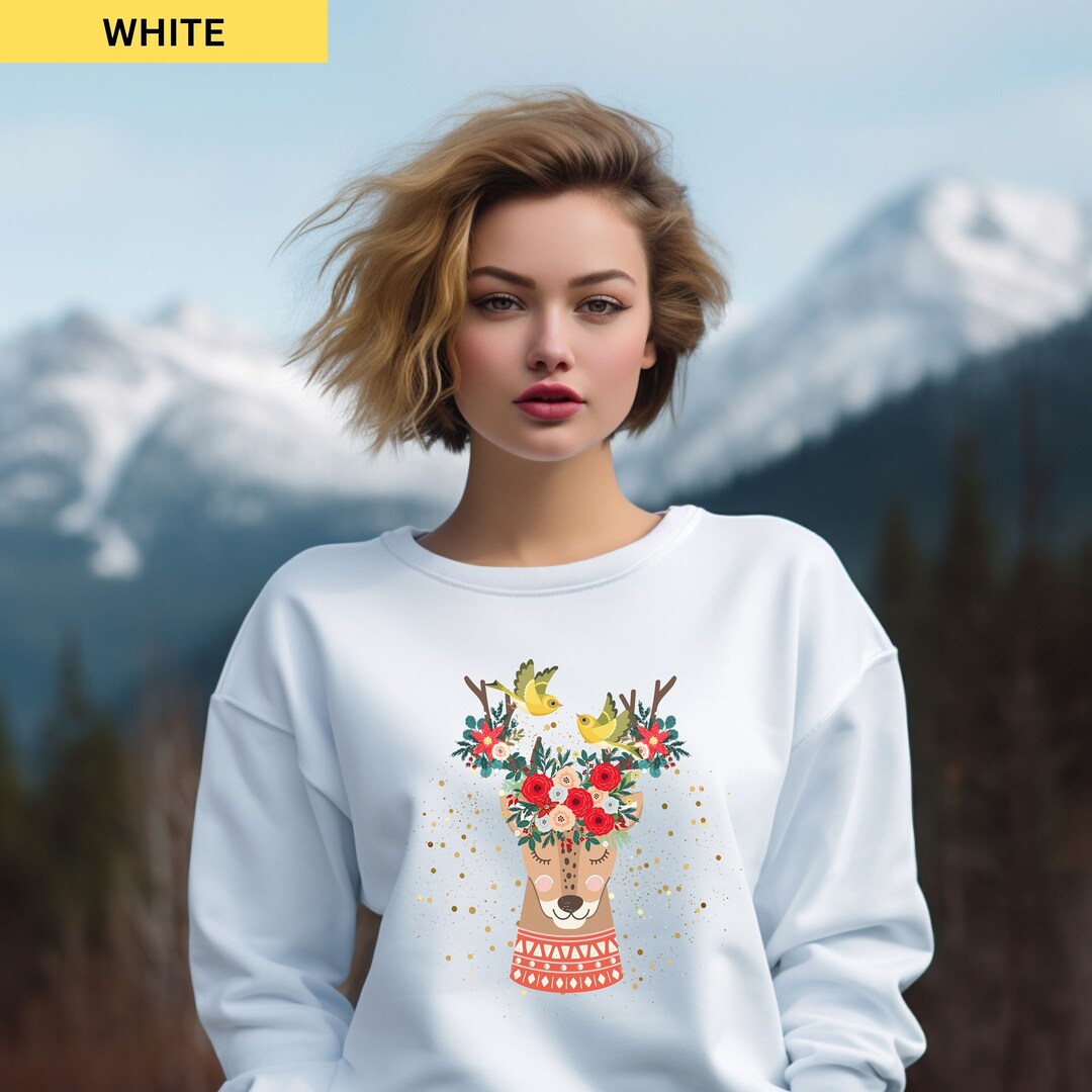 Christmas Floral Sweatshirt, Reindeer Head Sweatshirt, Family Sweatshirt, Xmas Sweater for Women