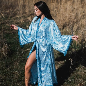 Blue Satin Kimono, Bohemian Long Cardigan, Kimono Dressing Gown, Boho Cardigan, Vintage Kimono, Summer Maxi Dress, Kimono Robe Long image 3