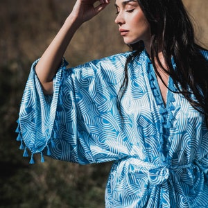 Blue Satin Kimono, Bohemian Long Cardigan, Kimono Dressing Gown, Boho Cardigan, Vintage Kimono, Summer Maxi Dress, Kimono Robe Long image 1