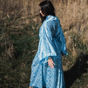 Blue Satin Kimono, Bohemian Long Cardigan, Kimono Dressing Gown, Boho Cardigan, Vintage Kimono, Summer Maxi Dress, Kimono Robe Long image 6