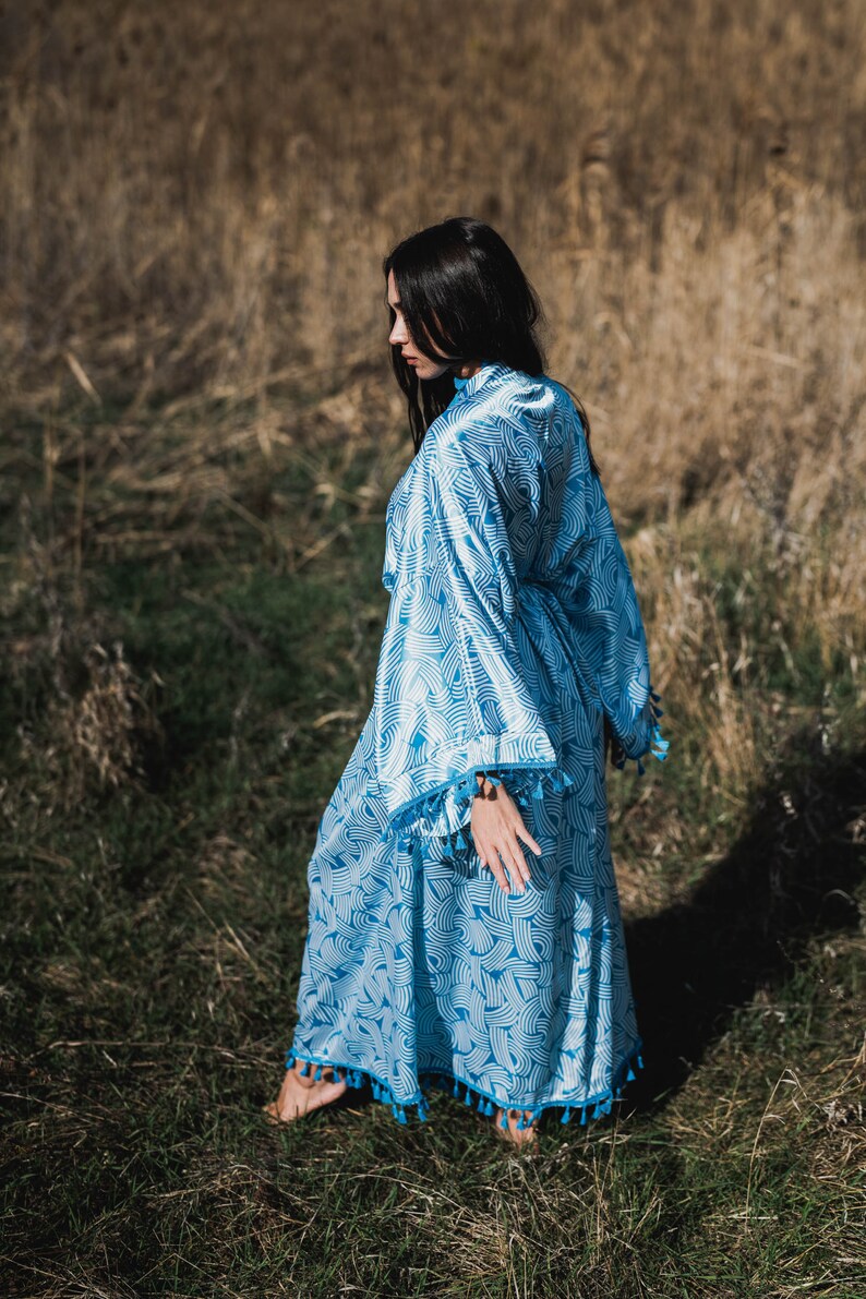 Blue Satin Kimono, Bohemian Long Cardigan, Kimono Dressing Gown, Boho Cardigan, Vintage Kimono, Summer Maxi Dress, Kimono Robe Long image 6