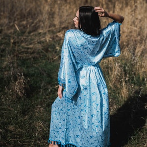 Blue Satin Kimono, Bohemian Long Cardigan, Kimono Dressing Gown, Boho Cardigan, Vintage Kimono, Summer Maxi Dress, Kimono Robe Long image 7