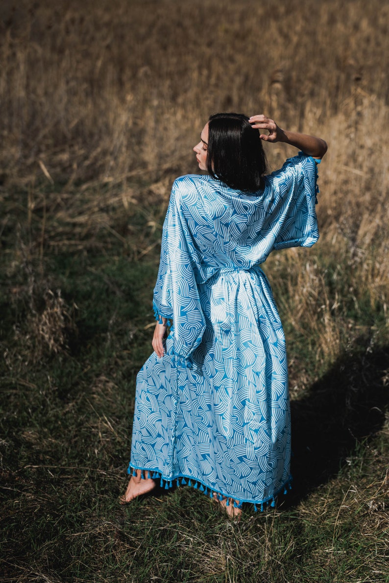 Blue Satin Kimono, Bohemian Long Cardigan, Kimono Dressing Gown, Boho Cardigan, Vintage Kimono, Summer Maxi Dress, Kimono Robe Long image 7