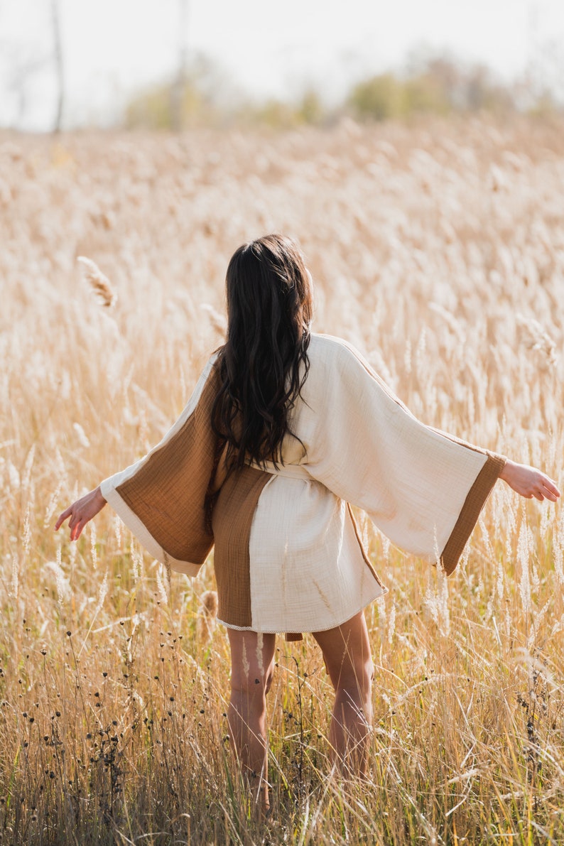 Cotton Kimono Cardigan, Kimono Dressing Gown, Brown Boho Cardigan, Bohemian Short Robe, Wide Sleeves Kimono Robe, Women Festival Coat image 6