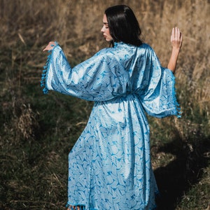 Blue Satin Kimono, Bohemian Long Cardigan, Kimono Dressing Gown, Boho Cardigan, Vintage Kimono, Summer Maxi Dress, Kimono Robe Long image 10