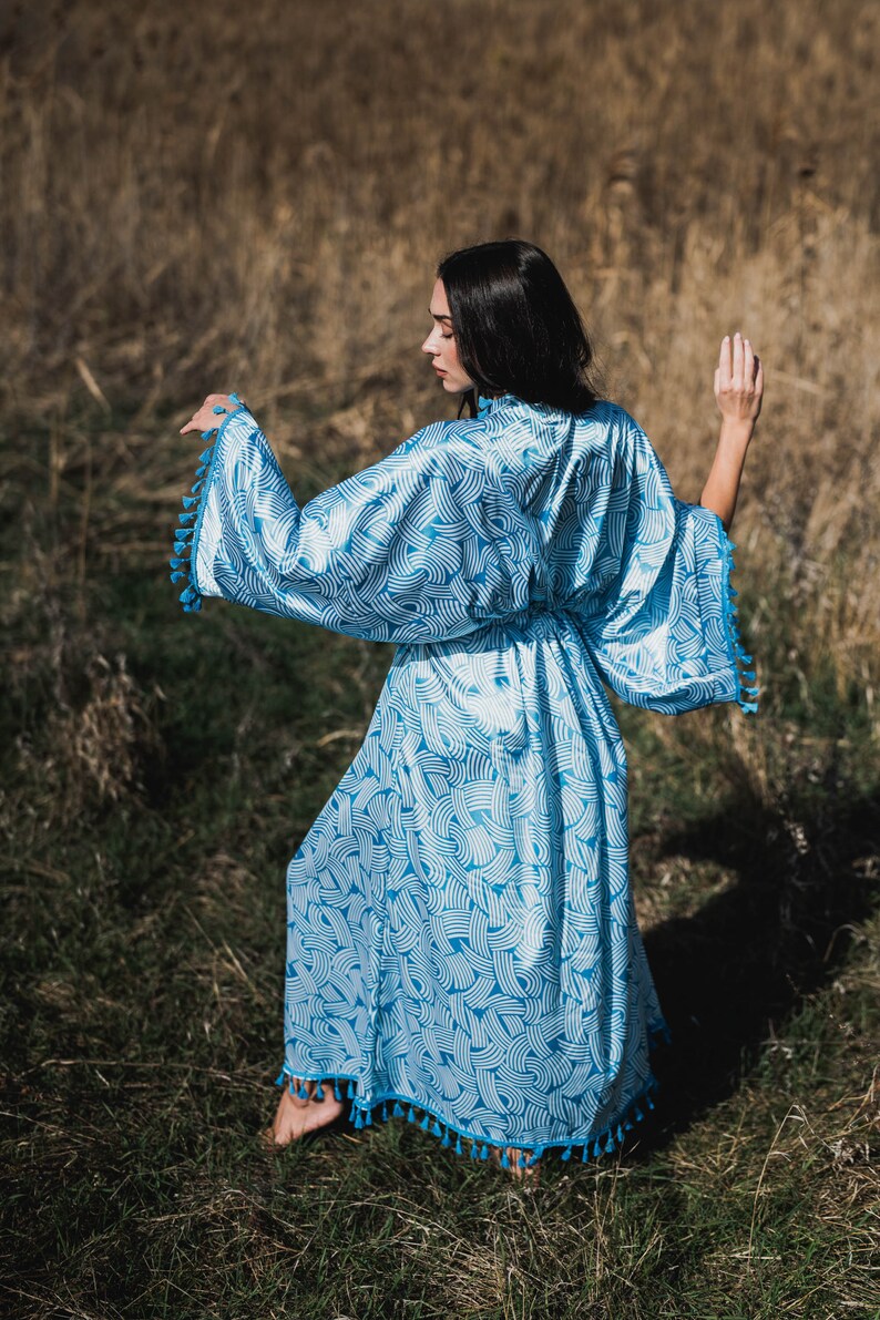 Blue Satin Kimono, Bohemian Long Cardigan, Kimono Dressing Gown, Boho Cardigan, Vintage Kimono, Summer Maxi Dress, Kimono Robe Long image 10