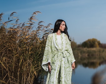 green kimono dressing gown Evelyn maxi dress mesh main image 1