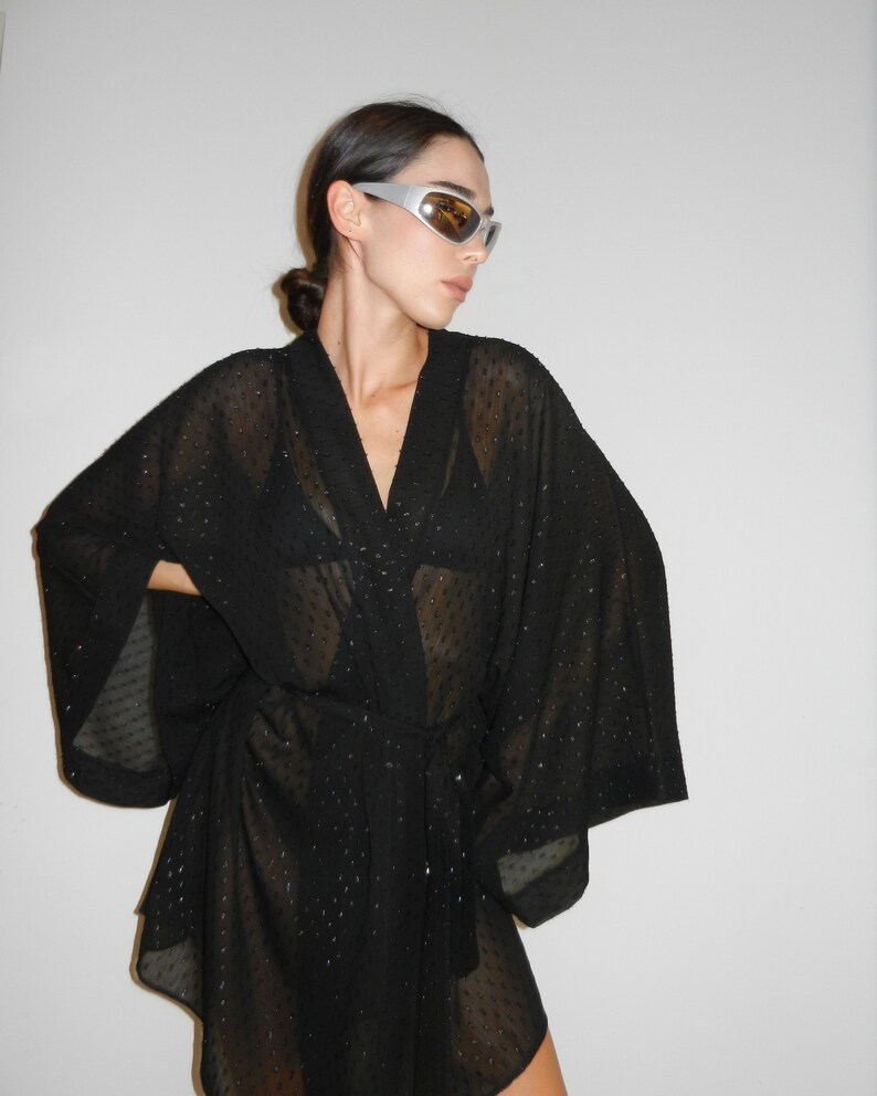 Partywear Embroidered Black Color Chiffon Long Length Gown Kimono Duster Robe main image 1