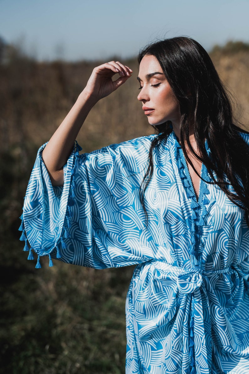 Blue Satin Kimono, Bohemian Long Cardigan, Kimono Dressing Gown, Boho Cardigan, Vintage Kimono, Summer Maxi Dress, Kimono Robe Long image 1